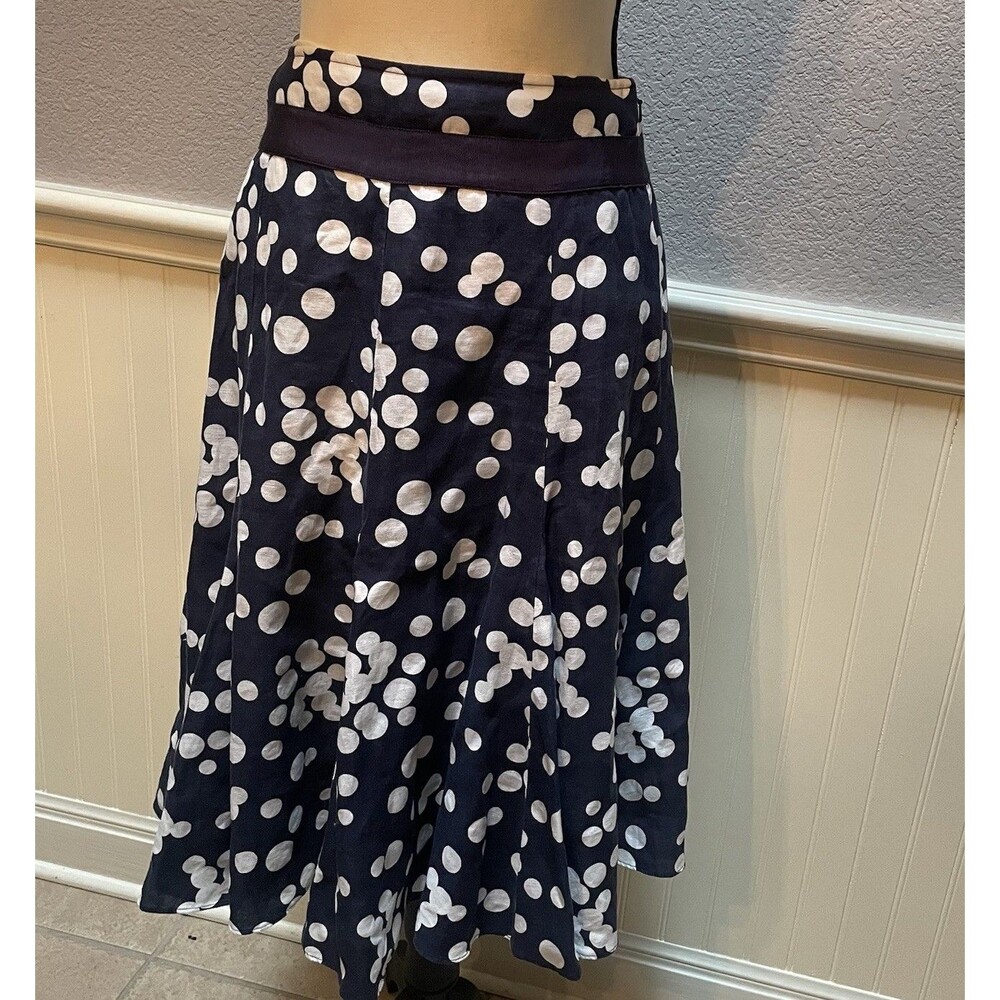 Hobbs London Polka Dot Midi Skirt Sz 8 Navy Blue White A-Line Pleated Flared
